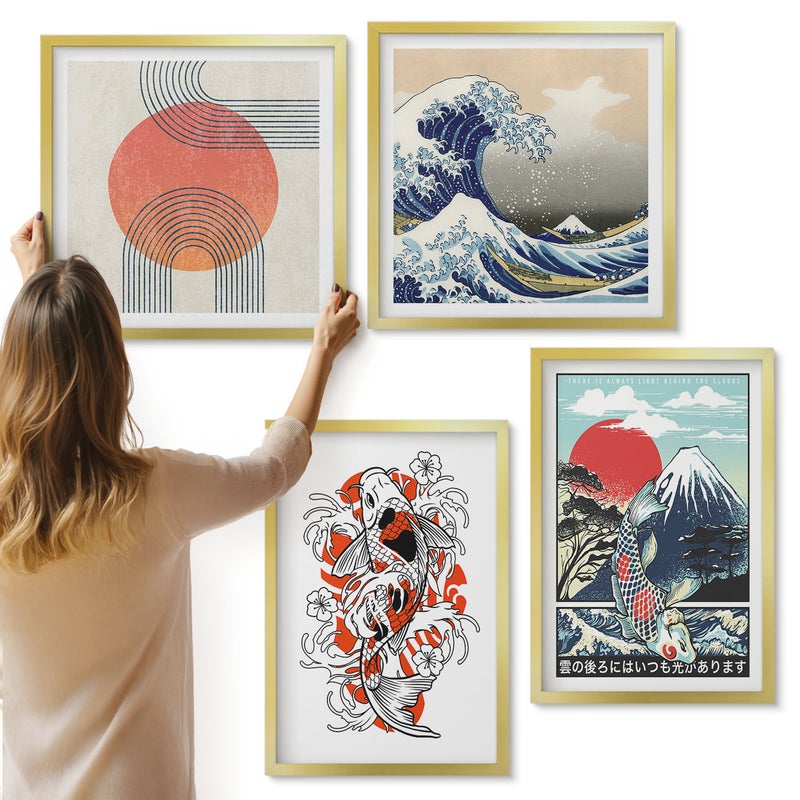 Galeria ścienna 4-częściowy komplet obrazów w złotych ramach - Ilustracje gór ryb i Wielkiej Fali w Kanagawie styl japoński - ArtPrintCave