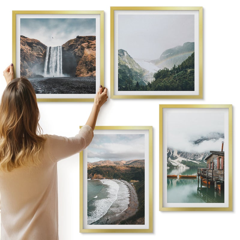 Galeria ścienna 4-częściowy komplet obrazów w złotych ramach - Widoki gór plaży z chmurami i wodą - ArtPrintCave