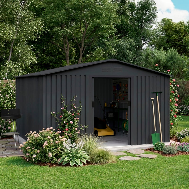 Domek narzędziowy metalowy Light Anthracite 10,2 m², 322x324x205 cm, 4 kratki antykondensacyjne, drzwi przesuwne, dach dwuspadowy, do ogrodu