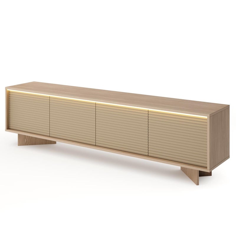 Szeroka szafka RTV czterodrzwiowa DEMI 204 cm Bolivar naturalny – luksusowa komoda pod telewizor cappuccino z LED