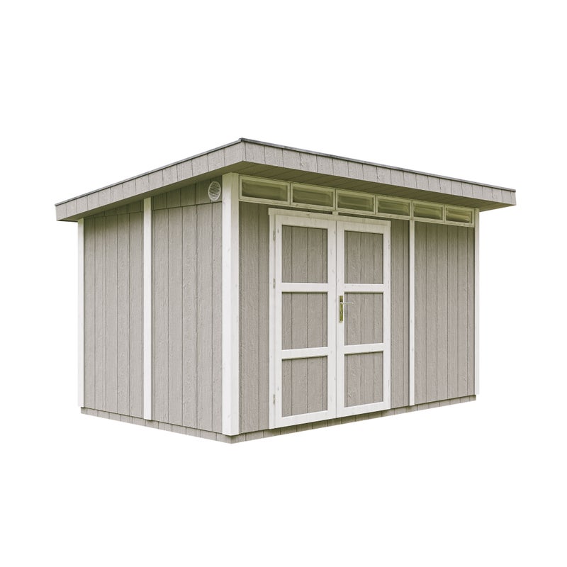 Domek ogrodowy z drewna z płyt LP SmartSide 9 m² - z podłogą i płytkami bitumicznymi Dł. 412 x Szer. 279 x Wys. 237 cm - Timbela M904A - szary tundra