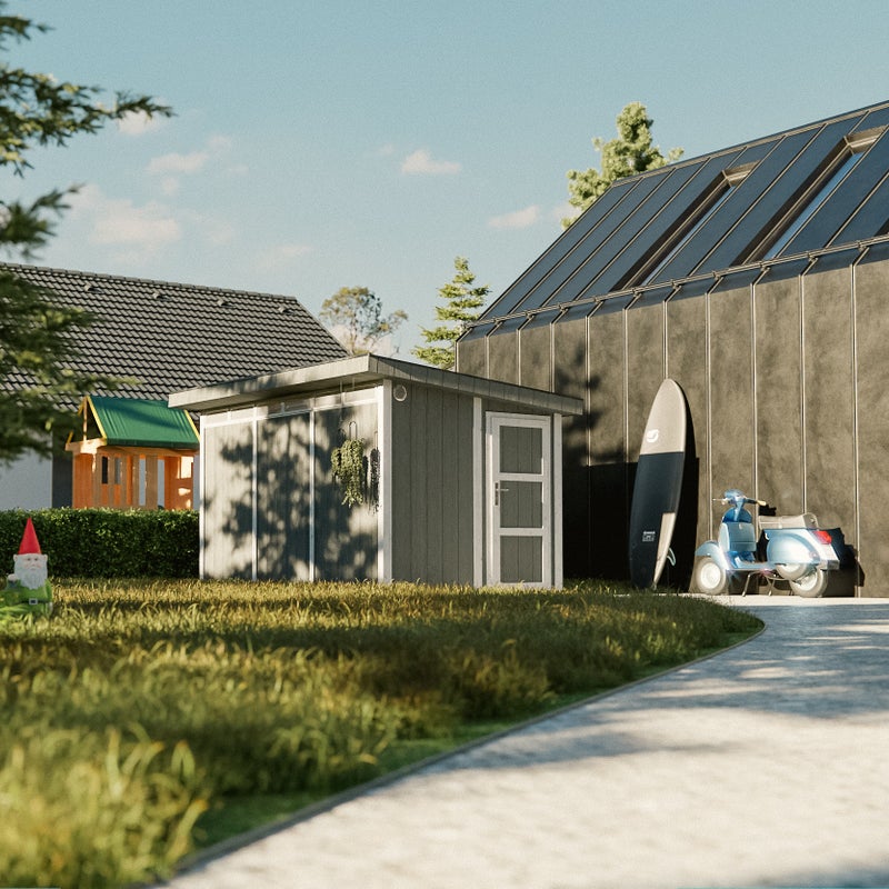 Domek ogrodowy z drewna z płyt LP SmartSide 9 m² - z podłogą i płytkami bitumicznymi Dł. 412 x Szer. 279 x Wys. 237 cm - Timbela M904 - szary tundra