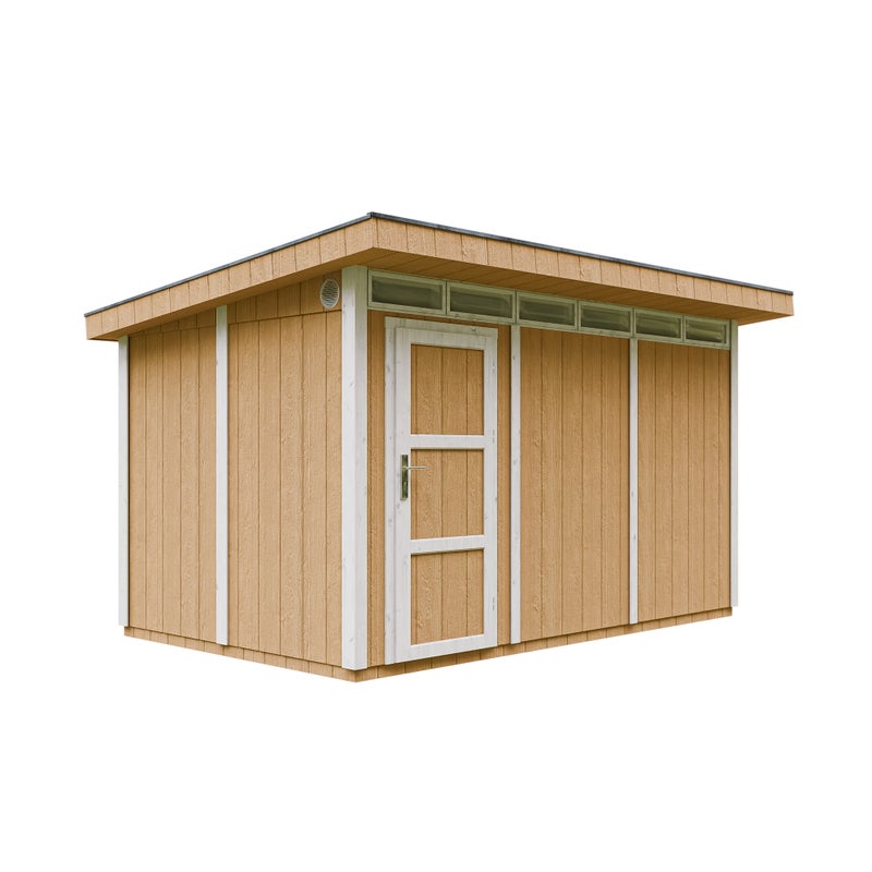 Domek ogrodowy z drewna z płyt LP SmartSide 9 m² - z podłogą i płytkami bitumicznymi Dł. 412 x Szer. 279 x Wys. 237 cm - Timbela M904 - miód żniwny