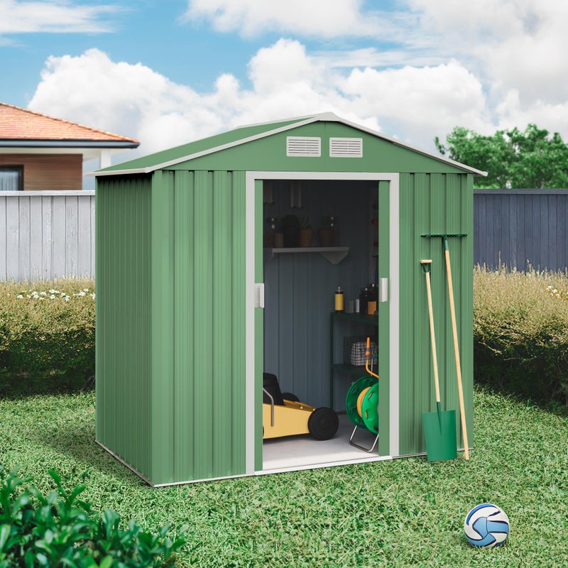 Domek narzędziowy metalowy Light Green 2,57 m², podwójne drzwi przesuwne, otwory wentylacyjne, do przechowywania narzędzi w ogrodzie