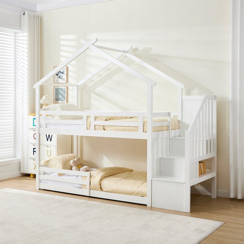 Łóżko piętrowe domek 90 x 190 cm - Sosna i MDF - Białe - TALETY