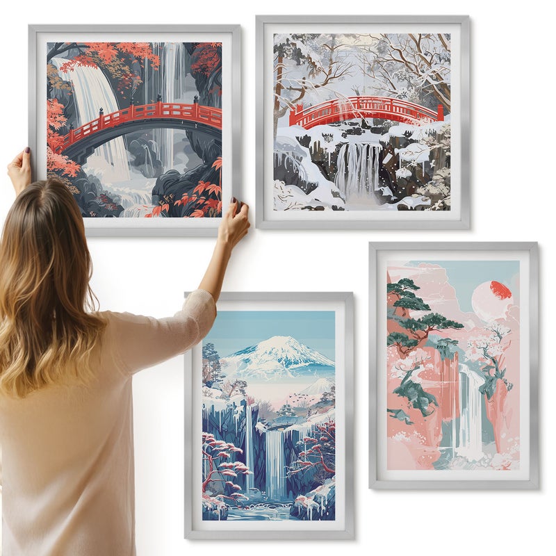 Galeria ścienna 4-częściowy komplet obrazów w srebrnych ramach - Wodospady góry z mostem i kwitnącymi drzewami - ArtPrintCave
