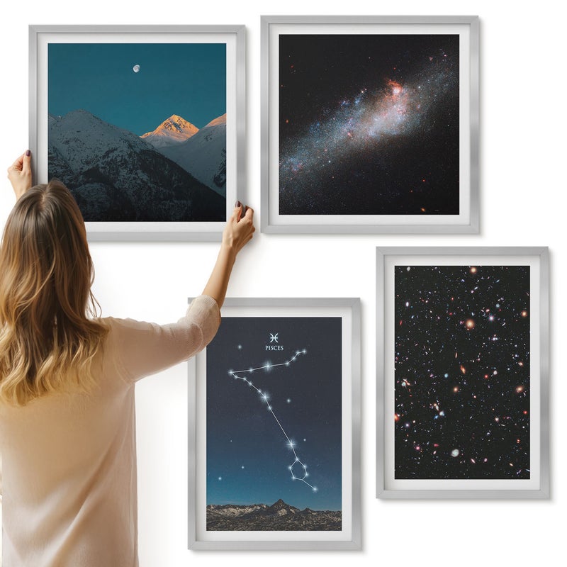 Galeria ścienna 4-częściowy komplet obrazów w srebrnych ramach - Kosmiczne pejzaże z konstelacją Ryb i góry - ArtPrintCave