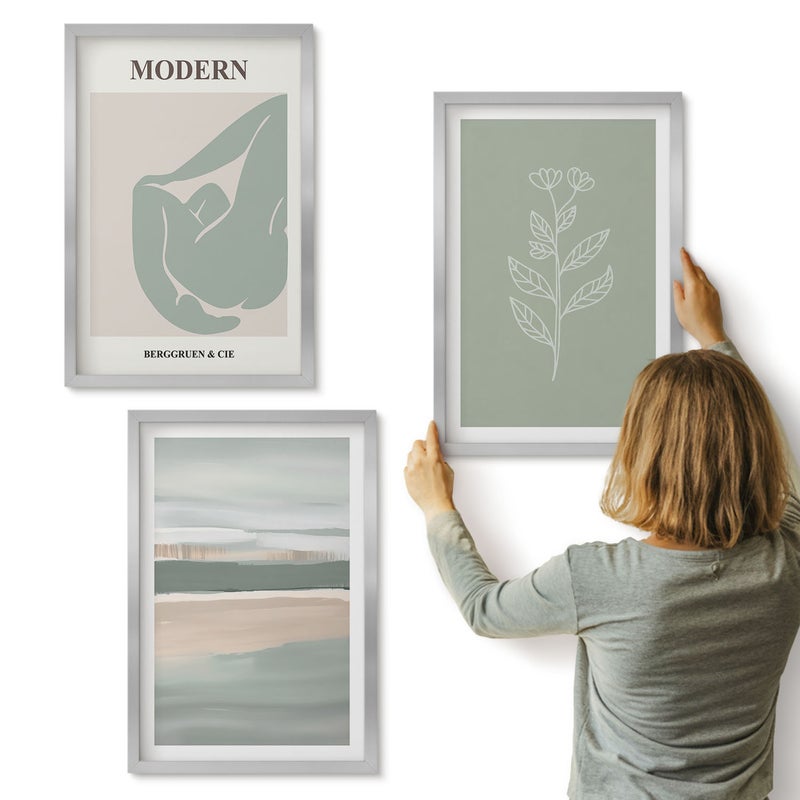 Galeria ścienna 3-częściowy komplet obrazów w srebrnych ramach - Abstrakcyjne kształty w pastelowych odcieniach z roślinami - ArtPrintCave