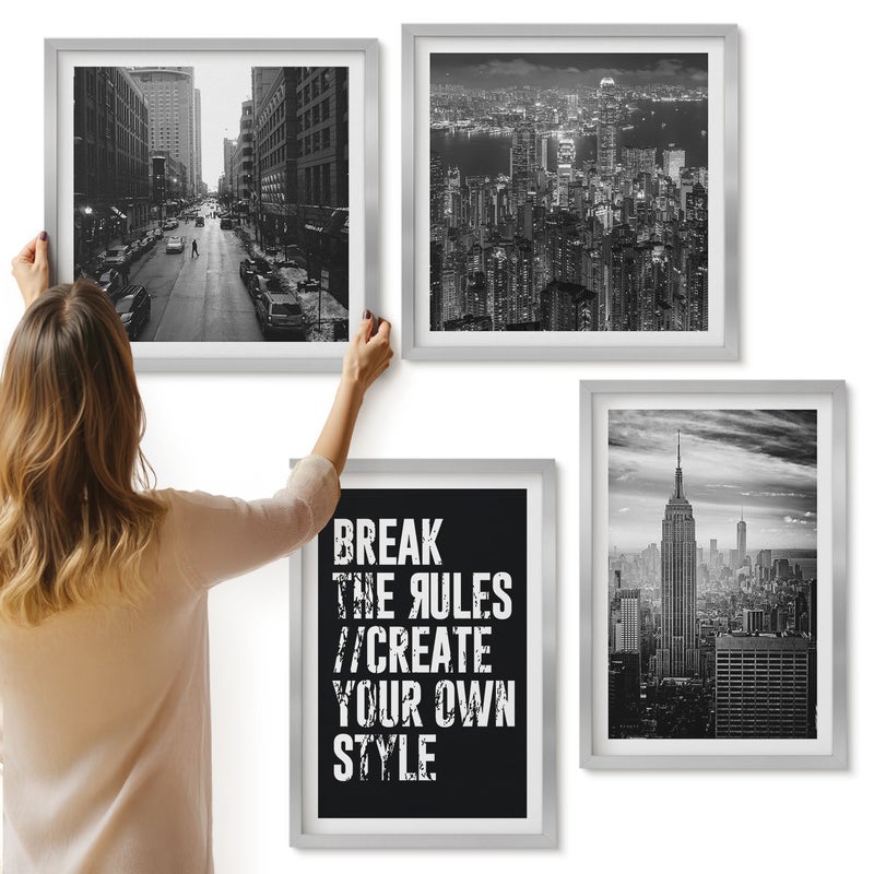 Galeria ścienna 4-częściowy komplet obrazów w srebrnych ramach - Ulice miasta w czerni i bieli z inspirującym napisem - ArtPrintCave