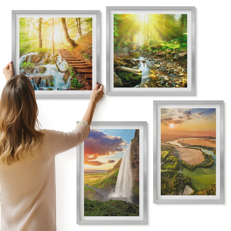 Galeria ścienna 4-częściowy komplet obrazów w srebrnych ramach - Wodospad góry pomarańcze Włoski krajobraz z zachodem - ArtPrintCave