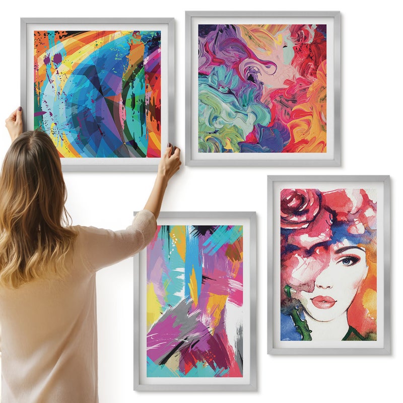 Galeria ścienna 4-częściowy komplet obrazów w srebrnych ramach - Kolorowe abstrakcje farb portret kobiety - ArtPrintCave