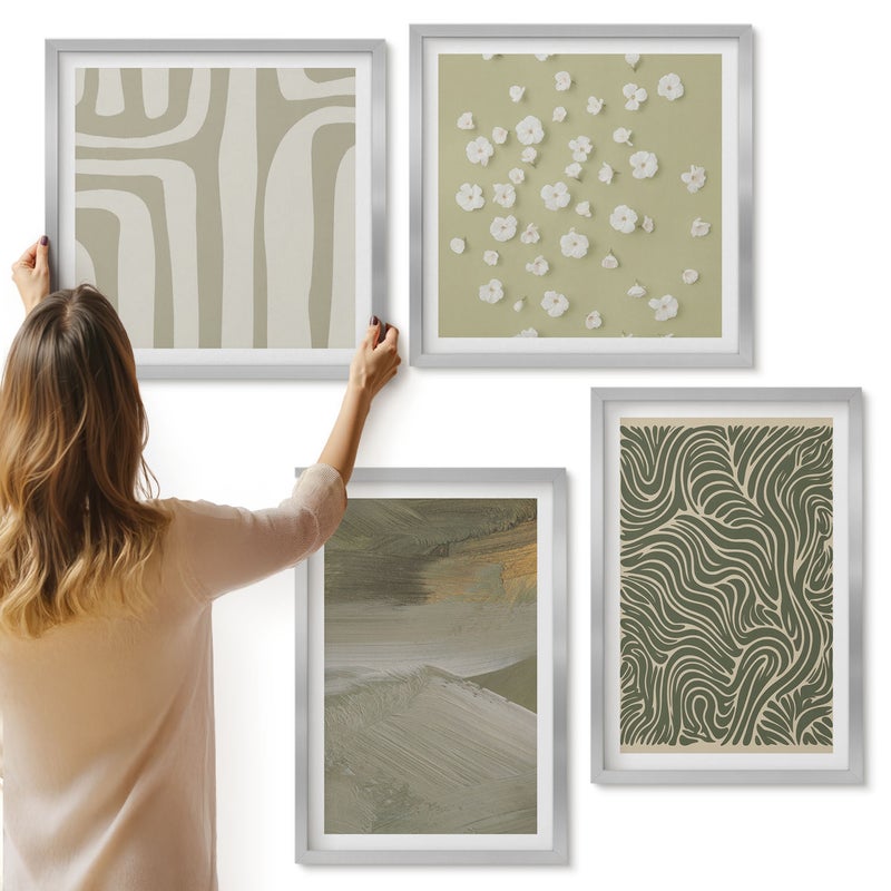 Galeria ścienna 4-częściowy komplet obrazów w srebrnych ramach - Wzory faliste i abstrakcyjne z kwiatami boho - ArtPrintCave