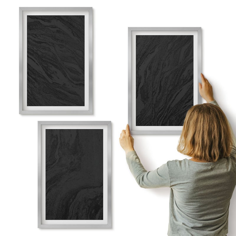 Galeria ścienna 3-częściowy komplet obrazów w srebrnych ramach - Ciemne marmury eleganckie tekstury w stylu glamour - ArtPrintCave