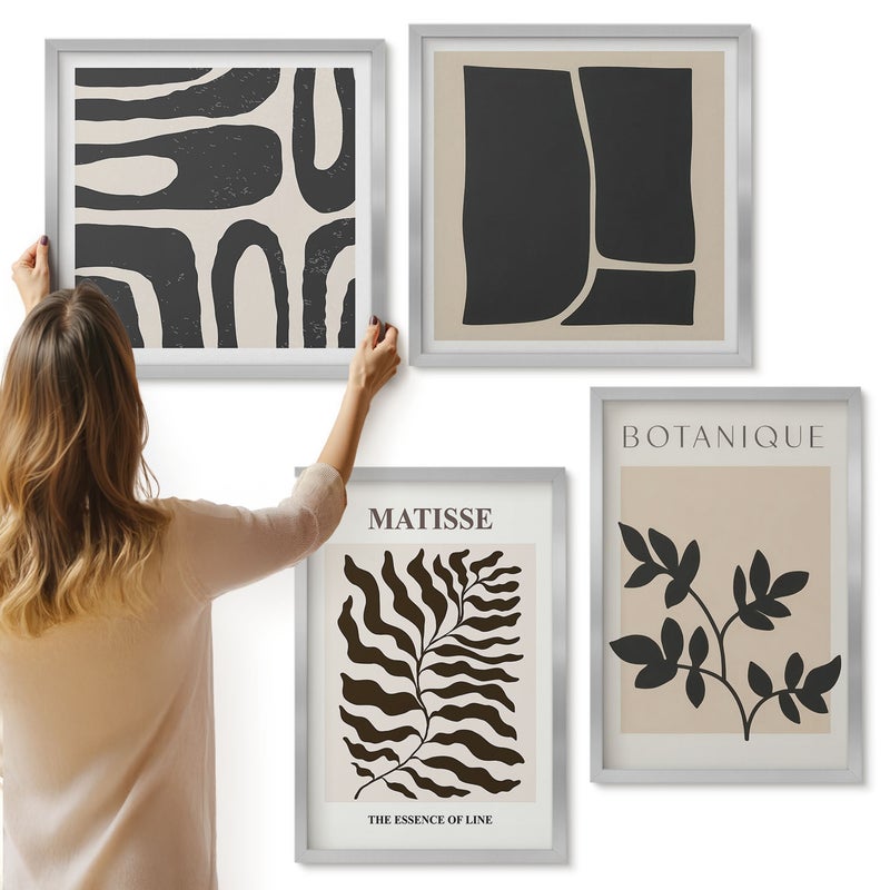 Galeria ścienna 4-częściowy komplet obrazów w srebrnych ramach - Minimalistyczne postery wzory roślinne abstrakcje - ArtPrintCave