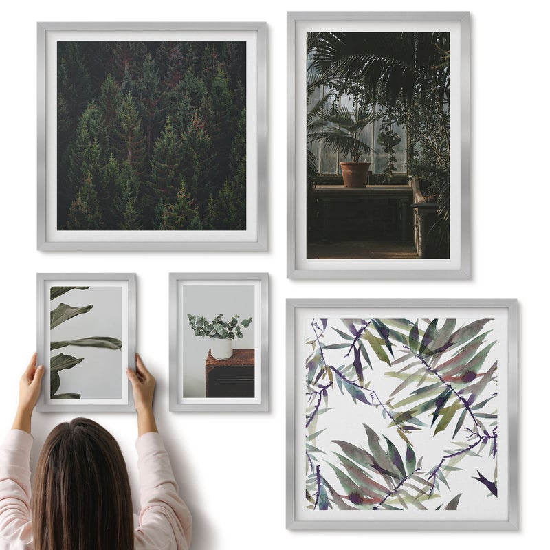 Galeria ścienna 5-częściowy komplet obrazów w srebrnych ramach - Zielona oaza roślinne motywy i naturalne akcenty - ArtPrintCave