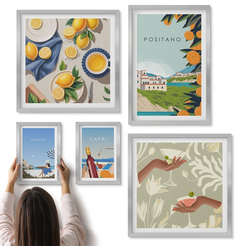 Galeria ścienna 5-częściowy komplet obrazów w srebrnych ramach - Włoskie wakacje widoki na Amalfi i Capri - ArtPrintCave