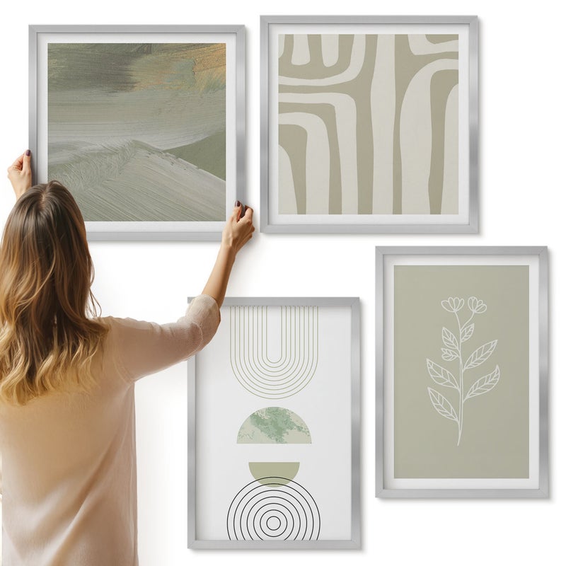 Galeria ścienna 4-częściowy komplet obrazów w srebrnych ramach - Wzory geometryczne z roślinnymi akcentami w odcieniach zieleni - ArtPrintCave