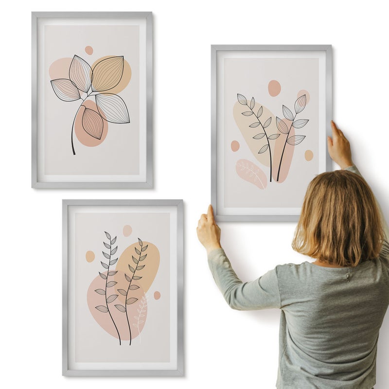 Galeria ścienna 3-częściowy komplet obrazów w srebrnych ramach - Minimalistyczne rysunki roślinne w pastelowych barwach - ArtPrintCave