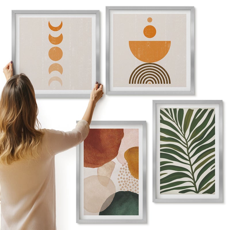 Galeria ścienna 4-częściowy komplet obrazów w srebrnych ramach - Abstrakcyjne kształty w ciepłych kolorach i liście - ArtPrintCave