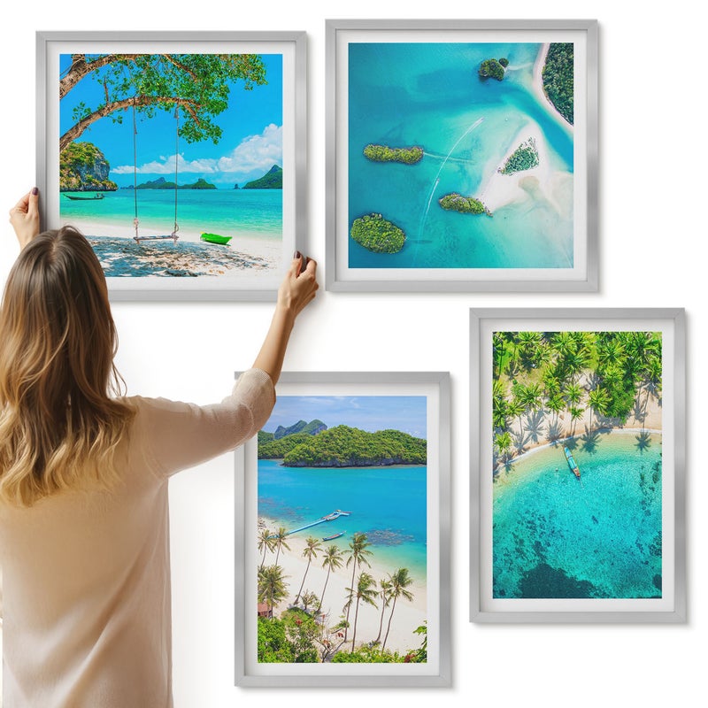 Galeria ścienna 4-częściowy komplet obrazów w srebrnych ramach - Tropikalne plaże z palmami i krystalicznie czystą wodą - ArtPrintCave