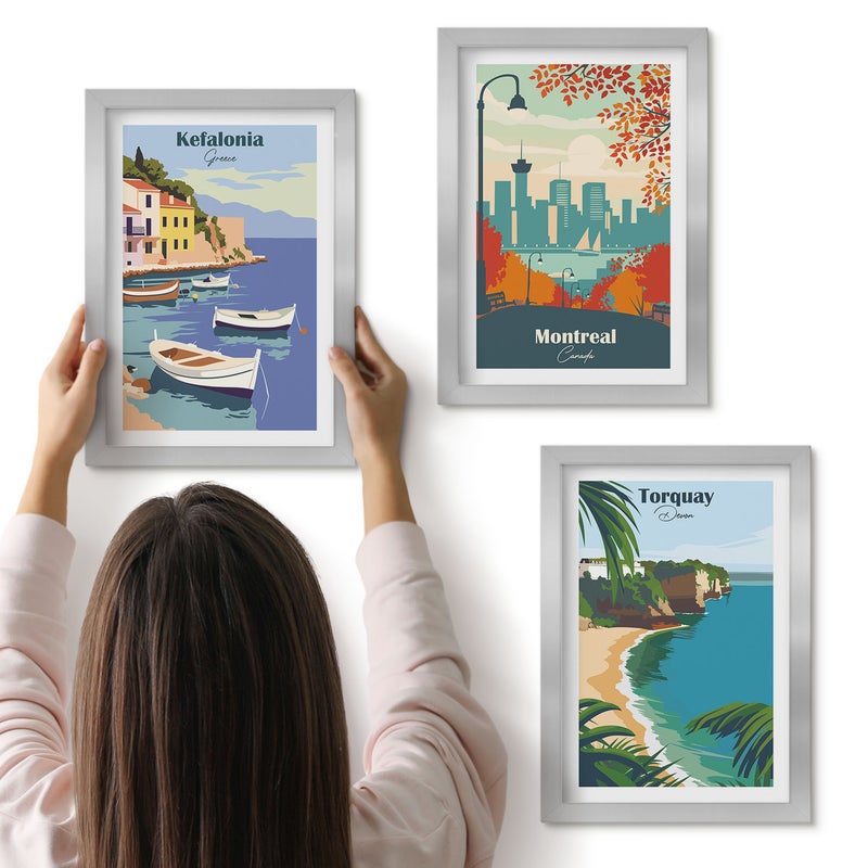 Galeria ścienna 3-częściowy komplet obrazów w srebrnych ramach - Widoki miast i krajobrazów z Grecji Kanady i Australii - ArtPrintCave