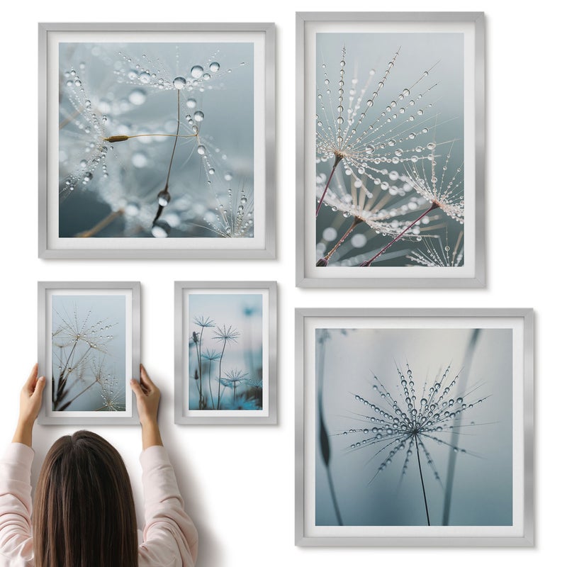 Galeria ścienna 5-częściowy komplet obrazów w srebrnych ramach - Krople wody na roślinach w minimalistycznym stylu - ArtPrintCave