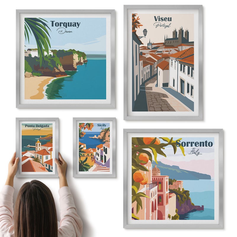 Galeria ścienna 5-częściowy komplet obrazów w srebrnych ramach - Europejskie miasteczka widoki na malownicze uliczki - ArtPrintCave