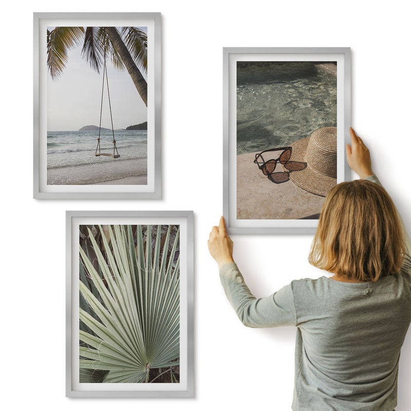 Galeria ścienna 3-częściowy komplet obrazów w srebrnych ramach - Plaża z huśtawką liść palmy wakacje - ArtPrintCave