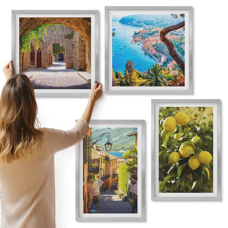 Galeria ścienna 4-częściowy komplet obrazów w srebrnych ramach - Malownicze uliczki nadmorskie widok na morze i cytryny - ArtPrintCave