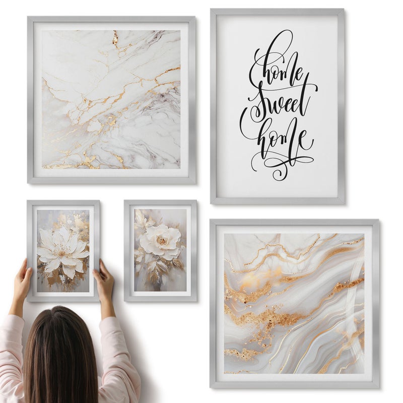 Galeria ścienna 5-częściowy komplet obrazów w srebrnych ramach - Stylowe kwiaty i eleganckie marmurowe wzory do wnętrz - ArtPrintCave