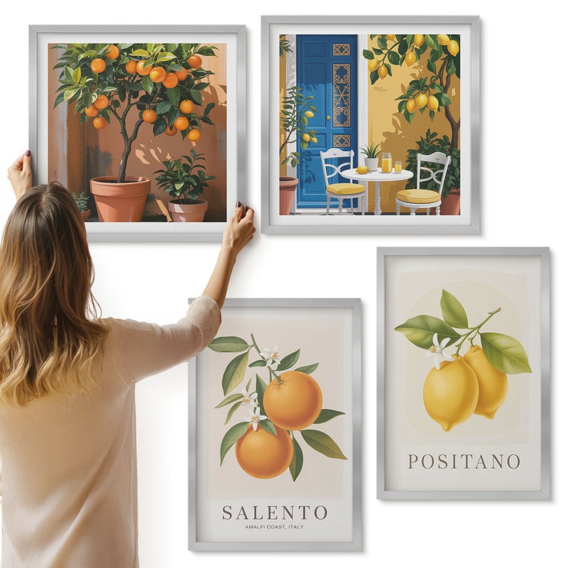 Galeria ścienna 4-częściowy komplet obrazów w srebrnych ramach - Cytryny pomarańcze miasteczko włoskiego wybrzeża Amalfi - ArtPrintCave