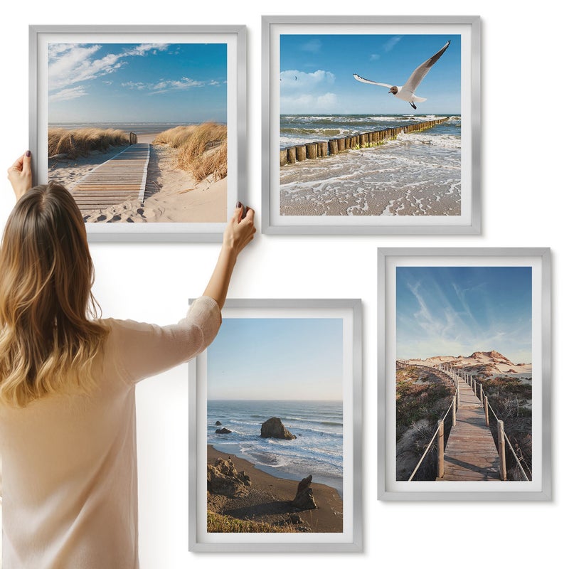 Galeria ścienna 4-częściowy komplet obrazów w srebrnych ramach - Widok plaży z falami niebem i molo spacerowym - ArtPrintCave