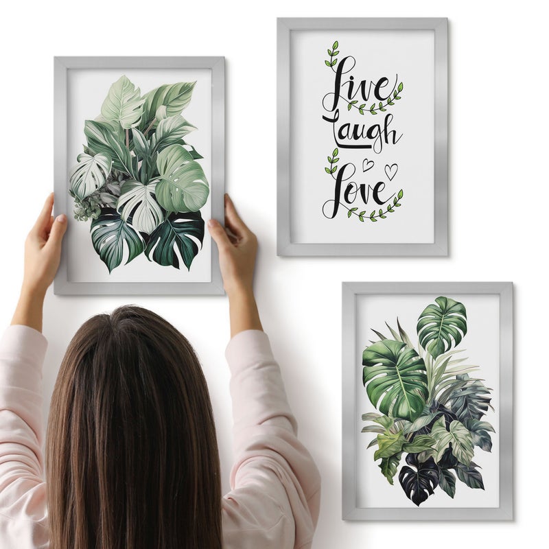 Galeria ścienna 3-częściowy komplet obrazów w srebrnych ramach - Rośliny liściaste z napisem żyj śmiej się kochaj - ArtPrintCave