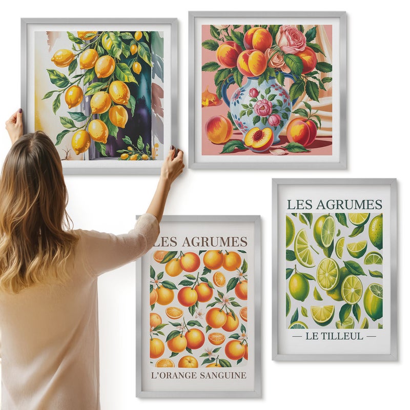 Galeria ścienna 4-częściowy komplet obrazów w srebrnych ramach - Cytrusy w różnych odsłonach kolorowych i świeżych - ArtPrintCave