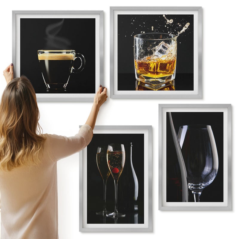 Galeria ścienna 4-częściowy komplet obrazów w srebrnych ramach - Whisky wino szampan kawa napoje - ArtPrintCave