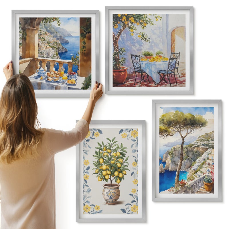 Galeria ścienna 4-częściowy komplet obrazów w srebrnych ramach - Widok na morze z drzewem cytrynowymi włoskie malunki - ArtPrintCave