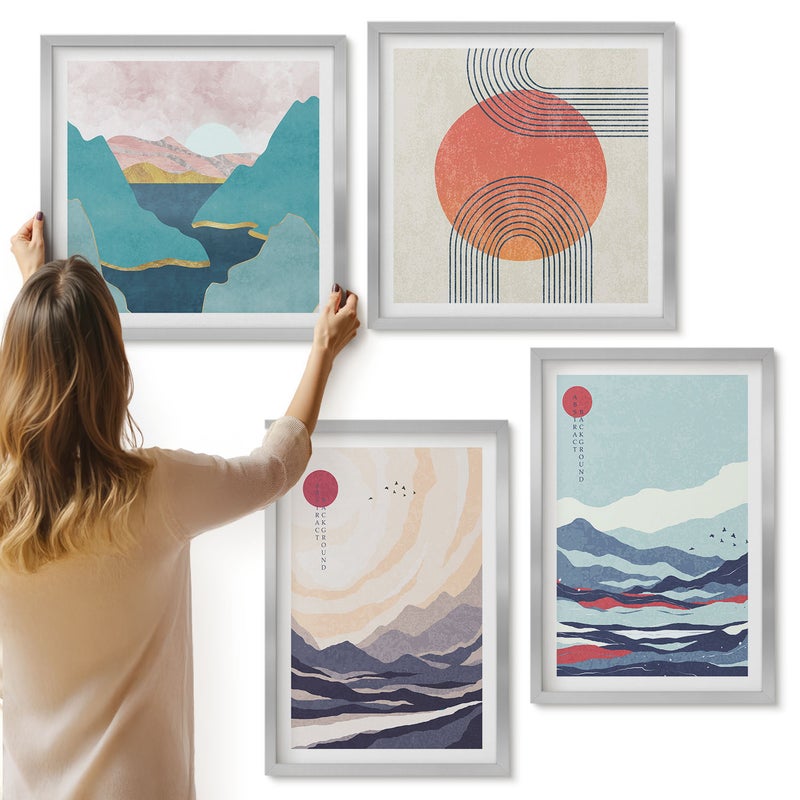 Galeria ścienna 4-częściowy komplet obrazów w srebrnych ramach - Japońskie abstrakcyjne krajobrazy górskie - ArtPrintCave