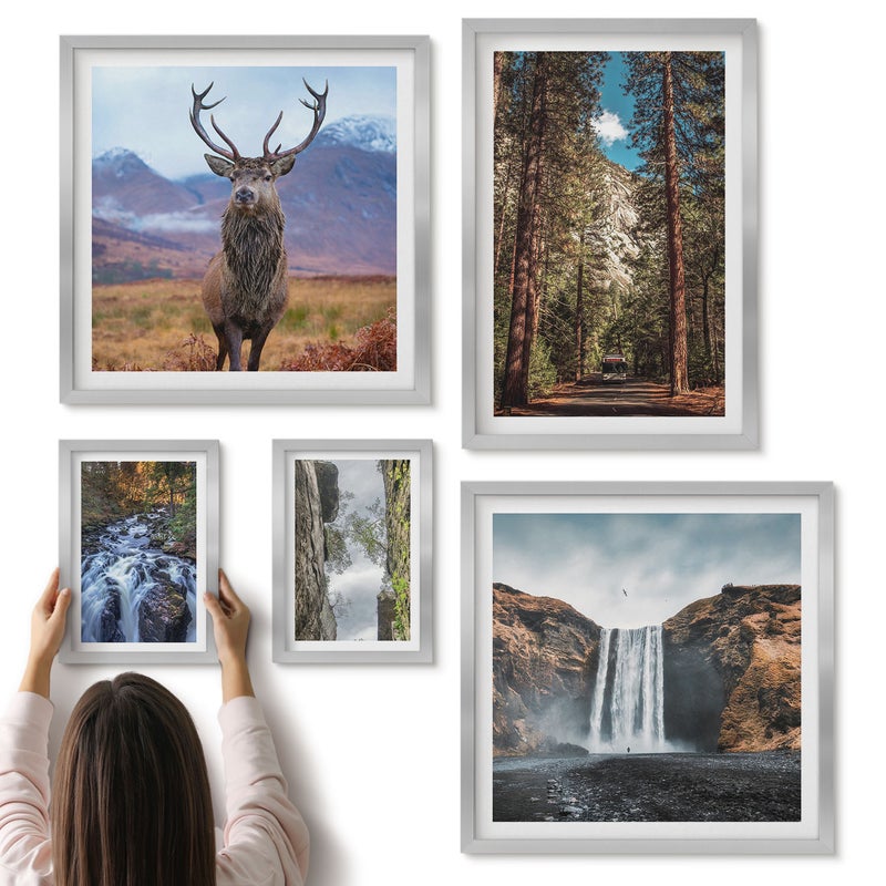 Galeria ścienna 5-częściowy komplet obrazów w srebrnych ramach - Naturalne krajobrazy z wodospadami i dziką przyrodą - ArtPrintCave