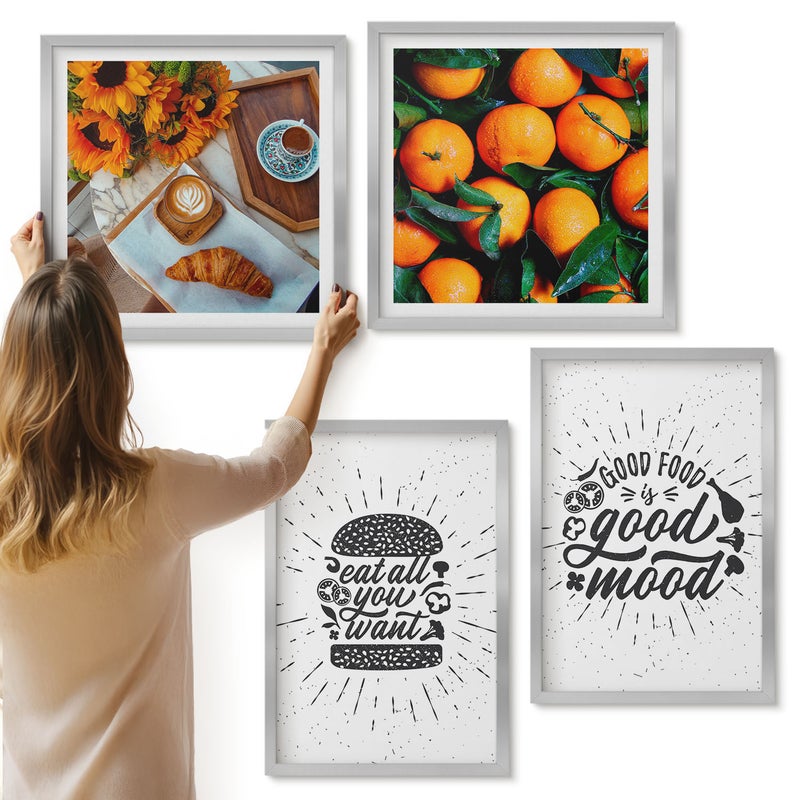 Galeria ścienna 4-częściowy komplet obrazów w srebrnych ramach - Kuchenne motywy i soczyste pomarańcze - ArtPrintCave