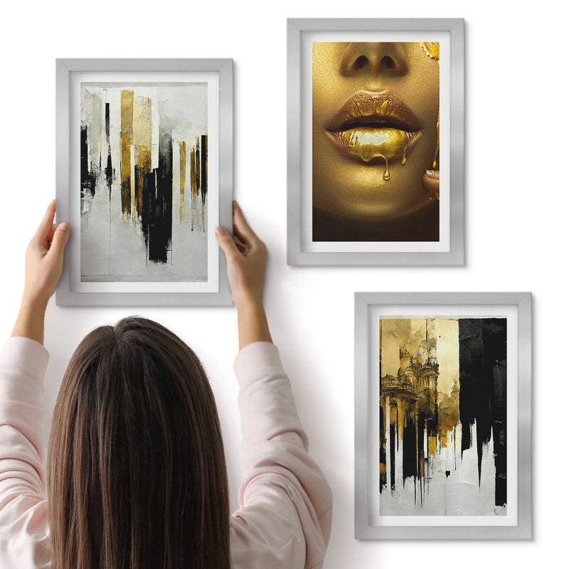 Galeria ścienna 3-częściowy komplet obrazów w srebrnych ramach - Abstrakcyjne malarstwo i portret kobiety - ArtPrintCave