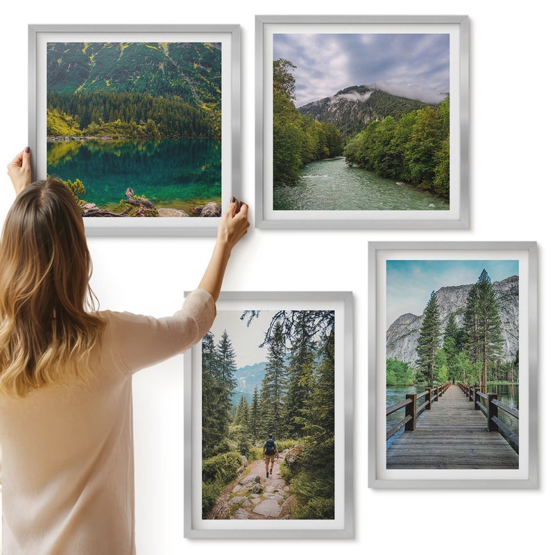 Galeria ścienna 4-częściowy komplet obrazów w srebrnych ramach - Góry jeziora lasy i ścieżki w naturze - ArtPrintCave