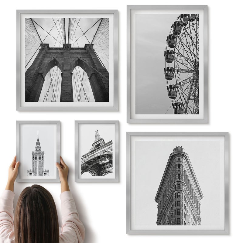 Galeria ścienna 5-częściowy komplet obrazów w srebrnych ramach - Architektura światowych metropolii w czerni i bieli - ArtPrintCave