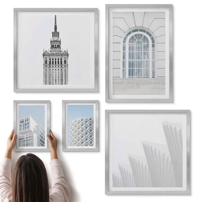 Galeria ścienna 5-częściowy komplet obrazów w srebrnych ramach - Nowoczesna architektura minimalistyczne formy i linie - ArtPrintCave