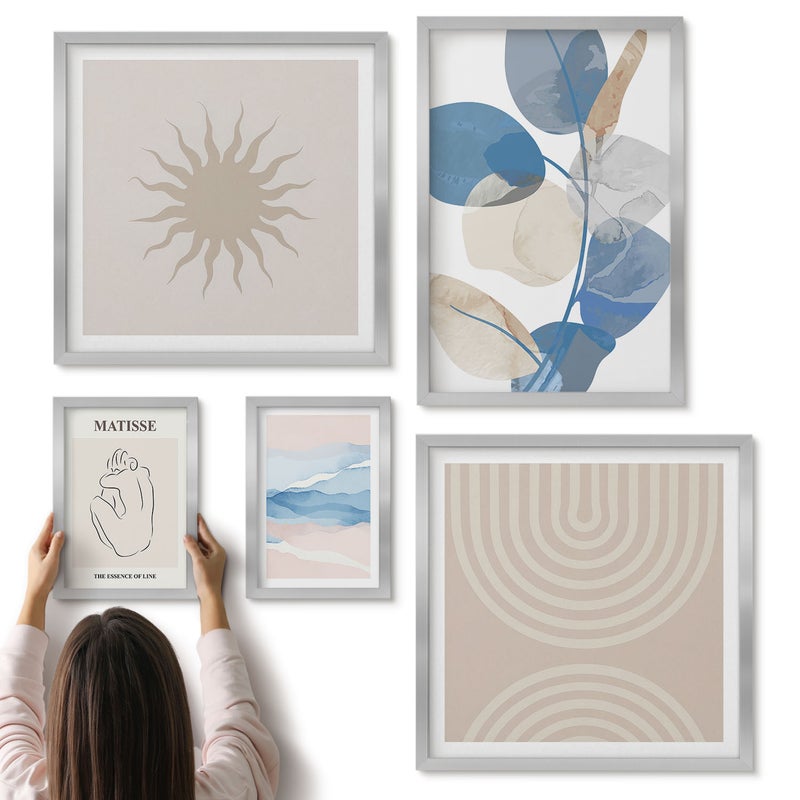 Galeria ścienna 5-częściowy komplet obrazów w srebrnych ramach - Stylowe abstrakcyjne kompozycje z roślinnymi akcentami - ArtPrintCave