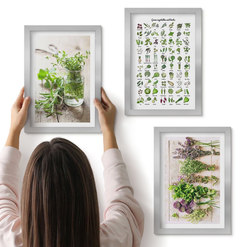 Galeria ścienna 3-częściowy komplet obrazów w srebrnych ramach - Suszone rośliny do kuchni lista ziół - ArtPrintCave