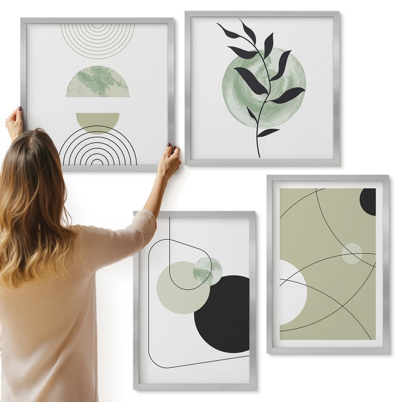 Galeria ścienna 4-częściowy komplet obrazów w srebrnych ramach - Abstrakcyjne kształty w stonowanej kolorystyce - ArtPrintCave