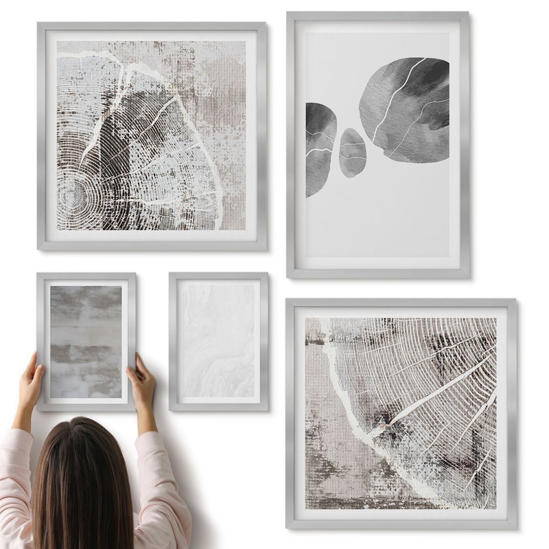 Galeria ścienna 5-częściowy komplet obrazów w srebrnych ramach - Abstrakcyjne kształty i struktury styl nowoczesny - ArtPrintCave