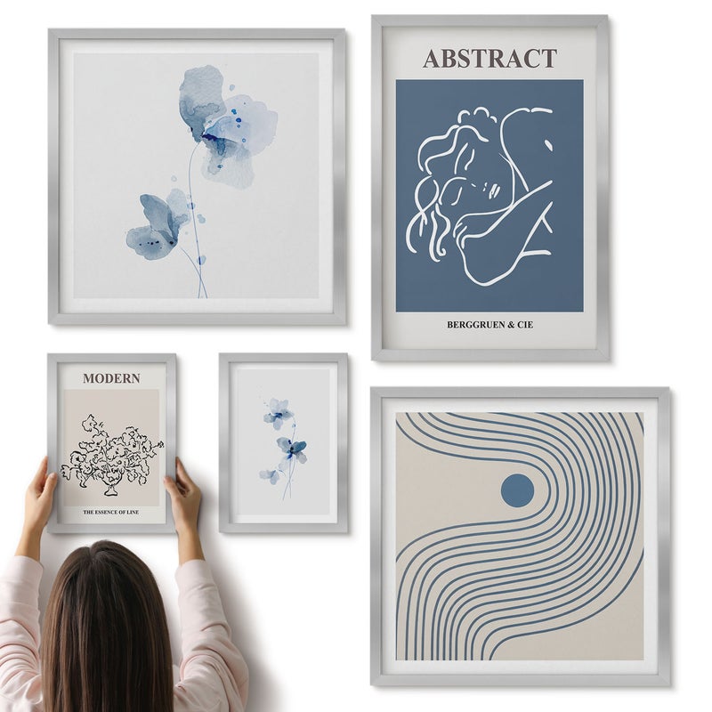Galeria ścienna 5-częściowy komplet obrazów w srebrnych ramach - Styl nowoczesny abstrakcyjny z delikatnymi akcentami florystycznymi - ArtPrintCave