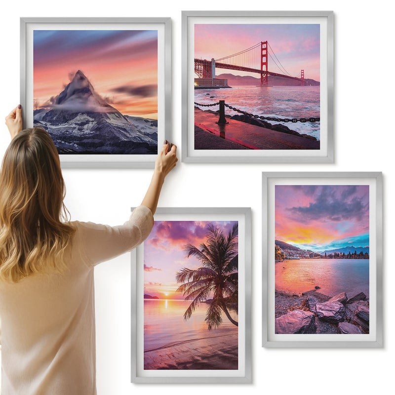 Galeria ścienna 4-częściowy komplet obrazów w srebrnych ramach - Zachody słońca nad mostem i krajobrazem wodnym - ArtPrintCave