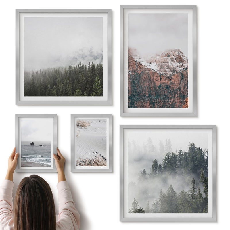Galeria ścienna 5-częściowy komplet obrazów w srebrnych ramach - Naturalne krajobrazy góry lasy i wybrzeża w chmurach - ArtPrintCave